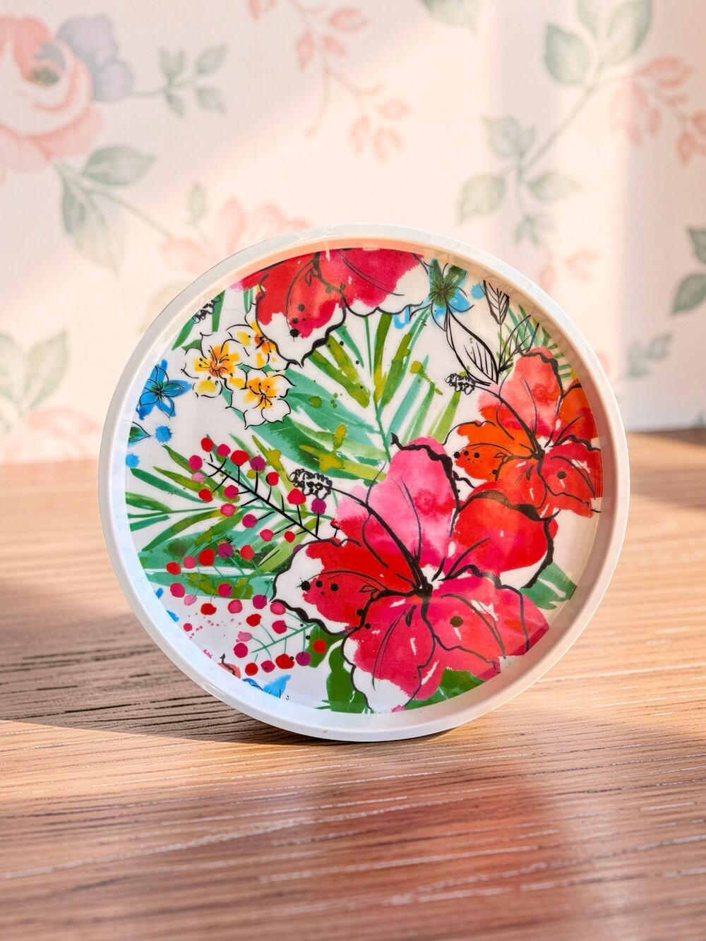 12" Tropical Hibiscus Floral Melamine Serving Tray Round Pink Red Flowers